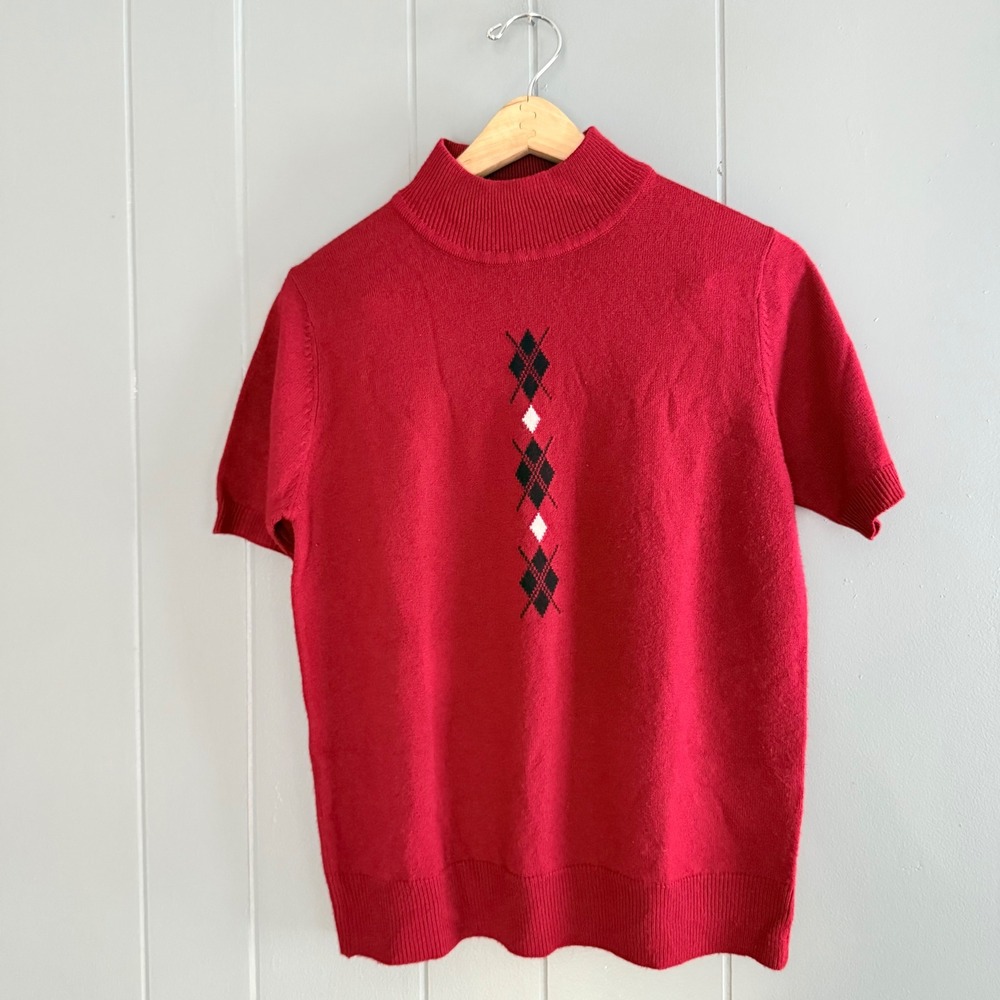 Vintage Sag Harbor Argyle Mock Neck Short Sleeve Sweater Women's Red Knit Top